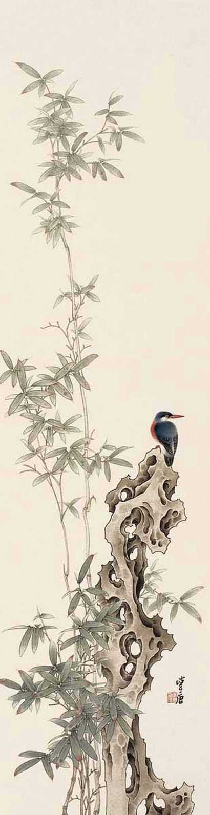李唐 竹石翠鸟 镜心